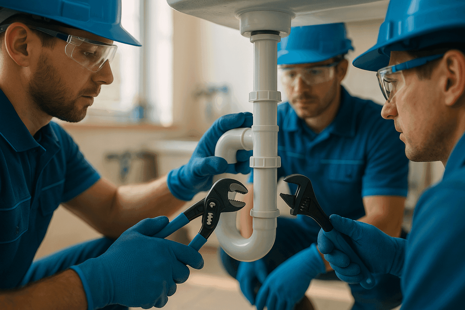 Two professional plumbers repairing organized indoor pipe system wearing gloves, goggles, helmets