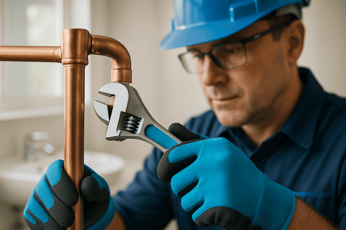 Close-up of plumber’s gloved hands tightening copper pipe joint with adjustable wrench indoors