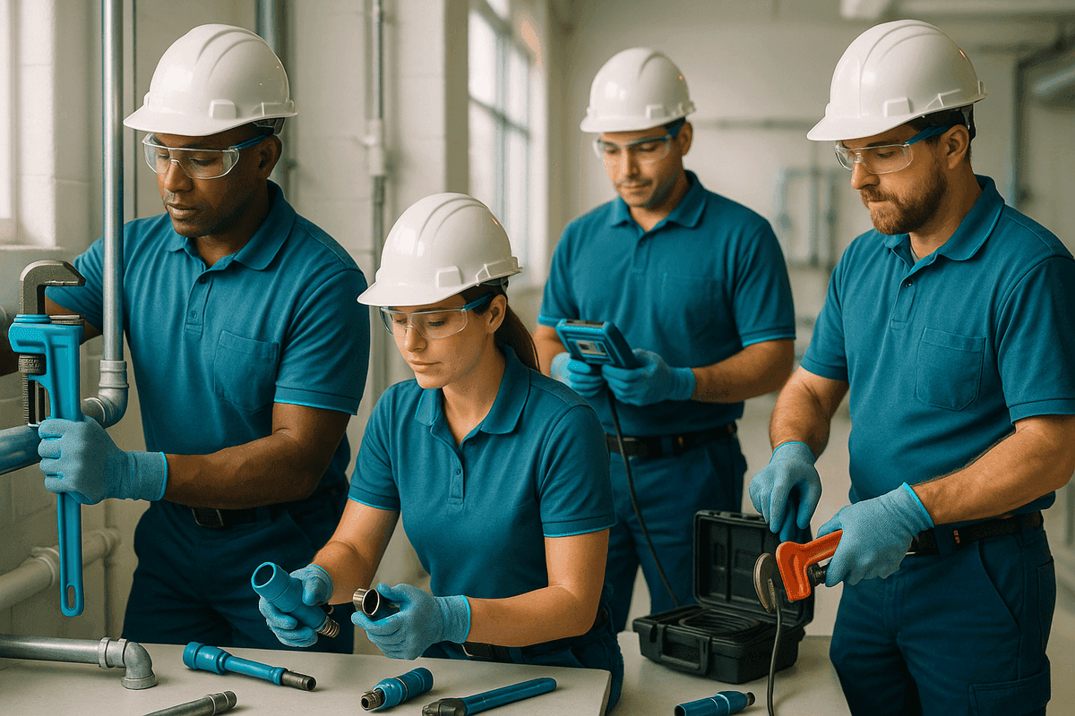 Close-up of plumber’s gloved hands tightening copper pipe joint with adjustable wrench indoors