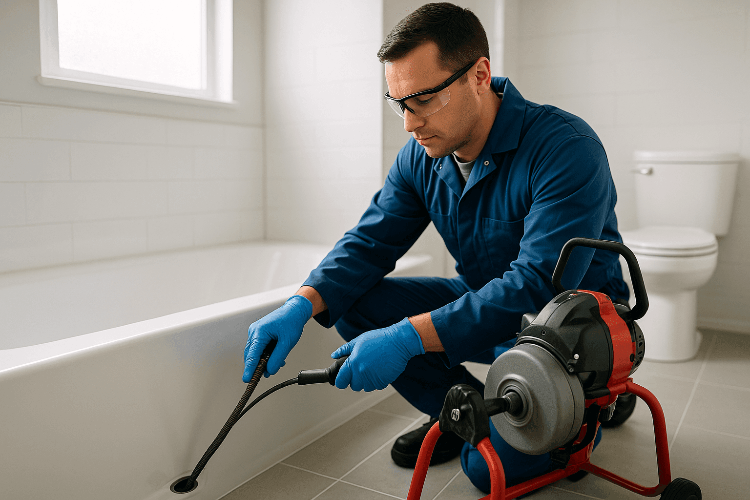 Plumber using drain snake machine in Centerville bathroom