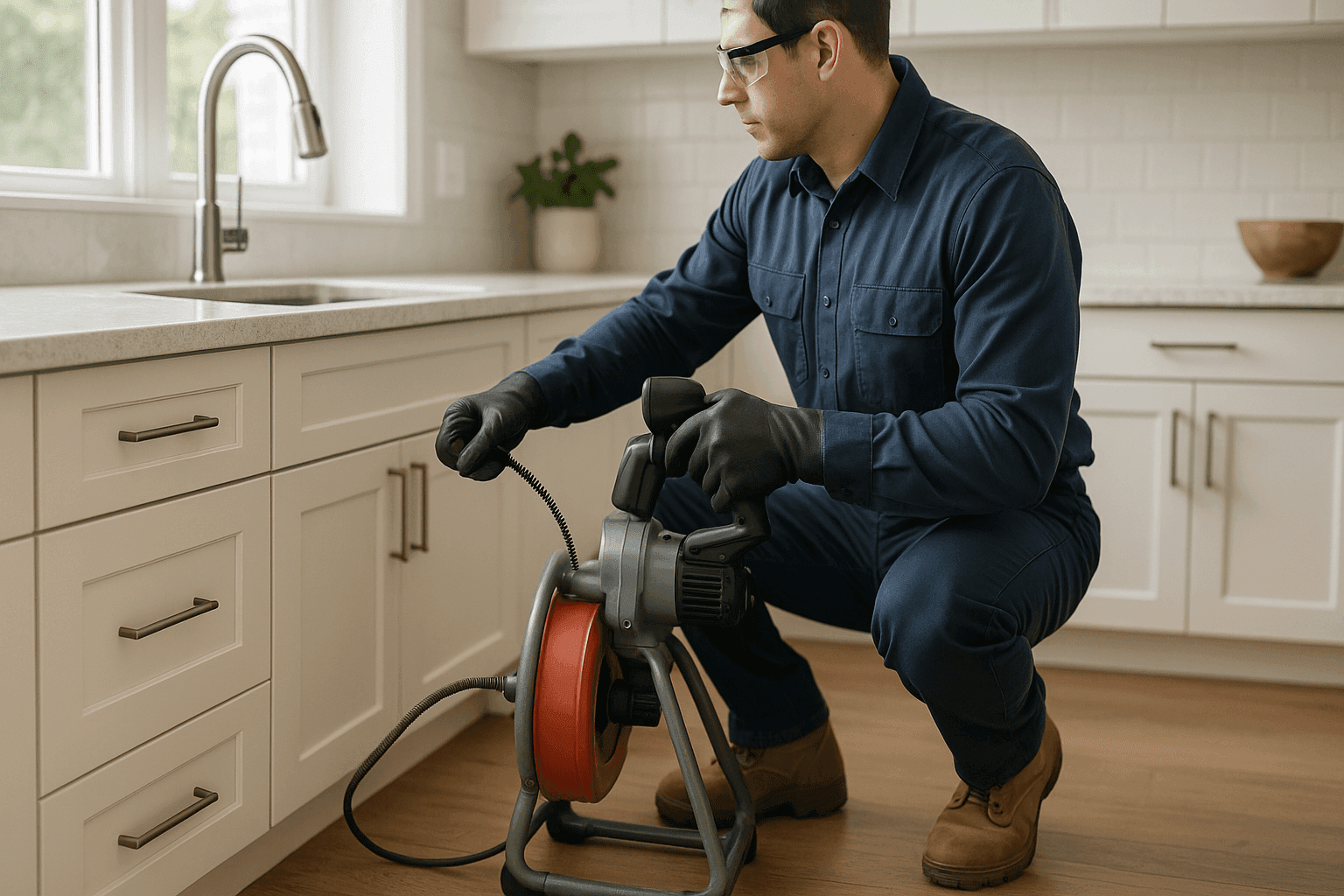 Plumber clearing a kitchen drain with professional tools in a Centerville home