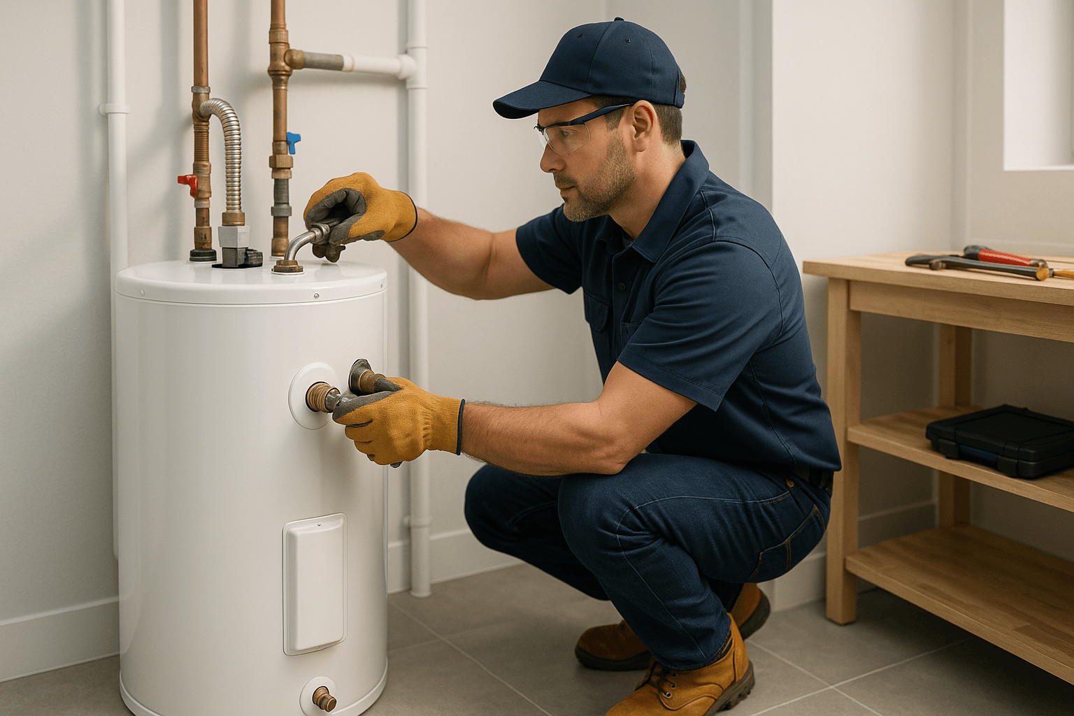 Plumber connecting pipes to a residential water heater